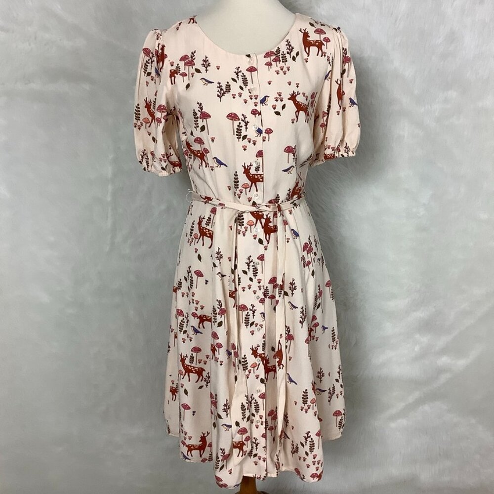 ModCloth Cream Dress with Rust Deer & Pink Floral Print